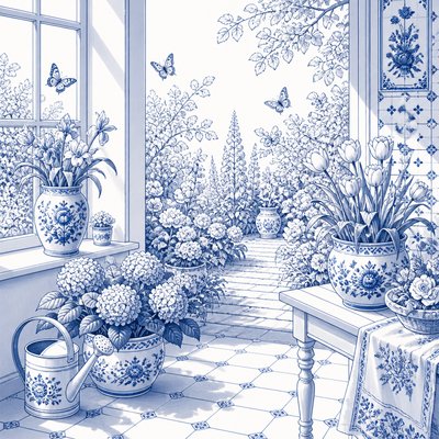 a garden scene with butterflies, flowers and a watering can, clean uncolored line art, no text