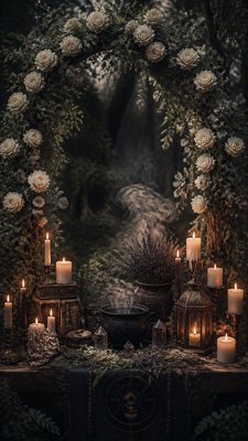 an arch of white roses and eucalyptus in soft morning light, elegant vertical composition with open space, no text