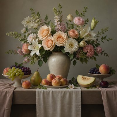 still life arrangement of fruits and flowers