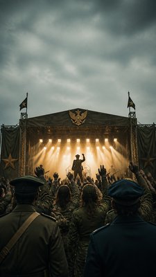 a live music scene with a glowing stage and silhouetted crowd, energetic vertical composition with open space at the top, no text