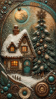 a snow-covered cottage with warm glowing windows beside a decorated pine tree, gentle snowfall, no text