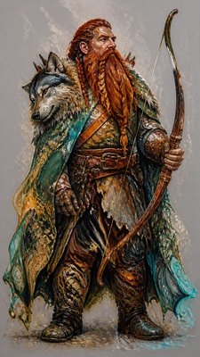 full-body original character: a dwarven ranger with a braided auburn beard, worn leather armor, a longbow and a wolf-pelt cloak, neutral background, no text