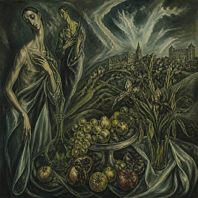 still life arrangement of fruits and flowers