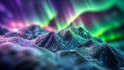 a flowing aurora over snowy peaks, wide sweeping composition, no people, no text