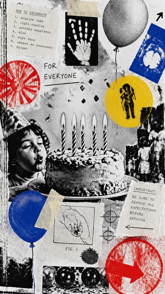 a birthday cake with lit candles surrounded by balloons and confetti, festive vertical composition, no text