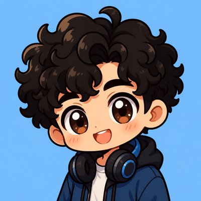 head-and-shoulders portrait of an original character: a young man with curly dark hair and headphones around his neck, plain backdrop, no text