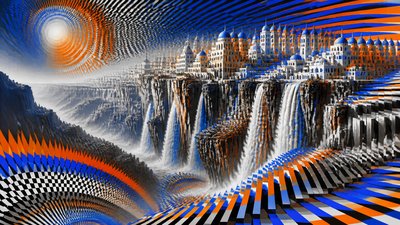 a cliffside city with waterfalls cascading into a misty canyon, wide establishing shot, no people, no text