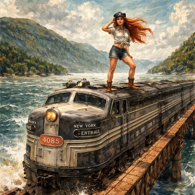 Create an image of the New York Central Railroad EMD E8A #4085 iconic locomotive crossing the Hudson River. Standing on top of the locomotive is a lady with long red hair and a conductor's hat on her head. 