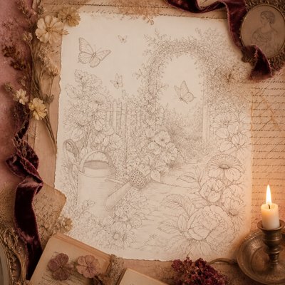 a garden scene with butterflies, flowers and a watering can, clean uncolored line art, no text