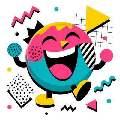 an exaggerated laughing face of an original round mascot character, bold and readable at small size, plain background, no text