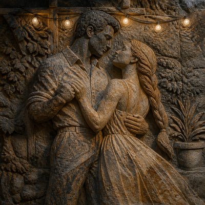 an original couple dancing under string lights in a garden at dusk: a man with short black hair in a linen shirt and a woman with braided red hair in a summer dress