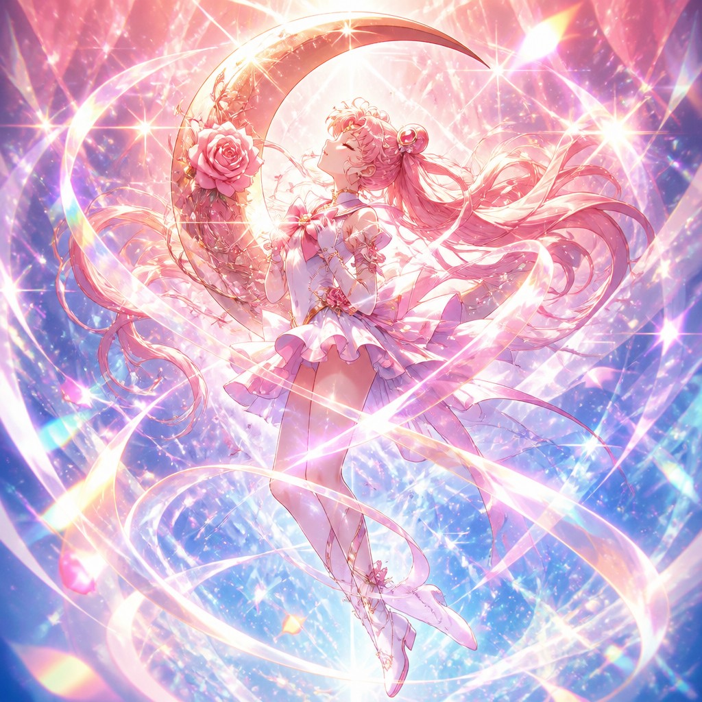 a rose entwined with a crescent moon, clean balanced composition on a plain background, no text