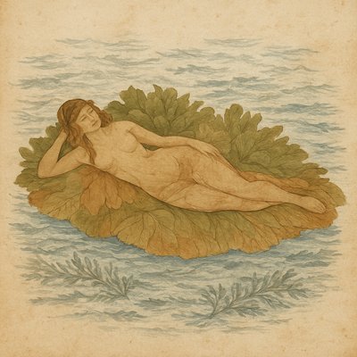 An island in a wide sea viewed from above, contains a goddess spirit, she is reclining, looking relaxed. Leafy island no flowers
