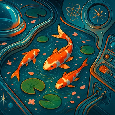 A koi pond seen from above, orange and white koi fish swimming among lily pads, clear water with subtle ripples, fallen cherry blossom petals floating on the surface, dappled sunlight