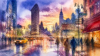 bustling city street panorama at dusk