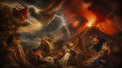 an erupting volcano with lightning strikes, dramatic wide composition, no text