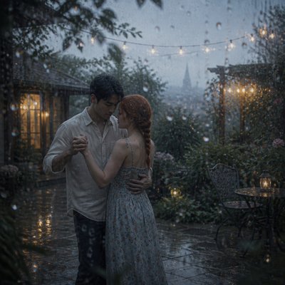 an original couple dancing under string lights in a garden at dusk: a man with short black hair in a linen shirt and a woman with braided red hair in a summer dress