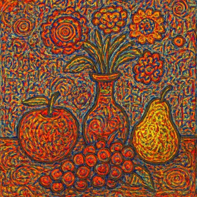 still life arrangement of fruits and flowers
