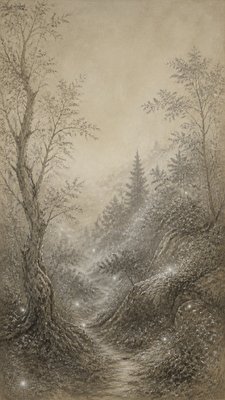 a mysterious forest path with fireflies and drifting mist, atmospheric vertical composition with open space at the top, no text