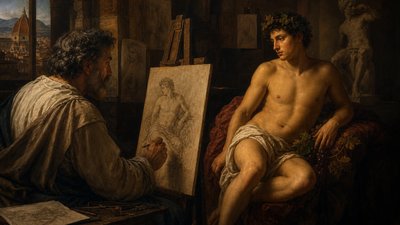 Michelangelo draws Bacchus scene with model posing for him in his studio