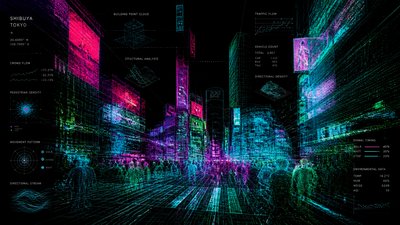 bustling city street panorama at dusk