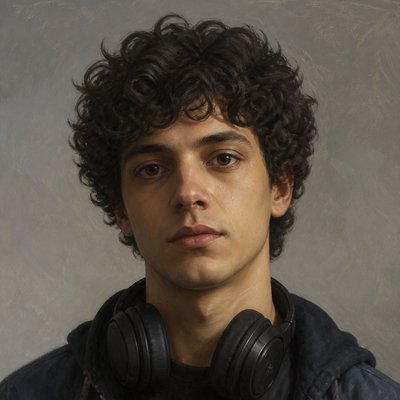 head-and-shoulders portrait of an original character: a young man with curly dark hair and headphones around his neck, plain backdrop, no text
