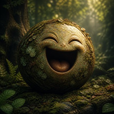 an exaggerated laughing face of an original round mascot character, bold and readable at small size, plain background, no text