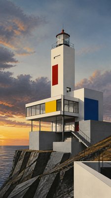 a lone lighthouse on a cliff at dusk under a dramatic sky, no text or lettering
