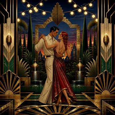 an original couple dancing under string lights in a garden at dusk: a man with short black hair in a linen shirt and a woman with braided red hair in a summer dress