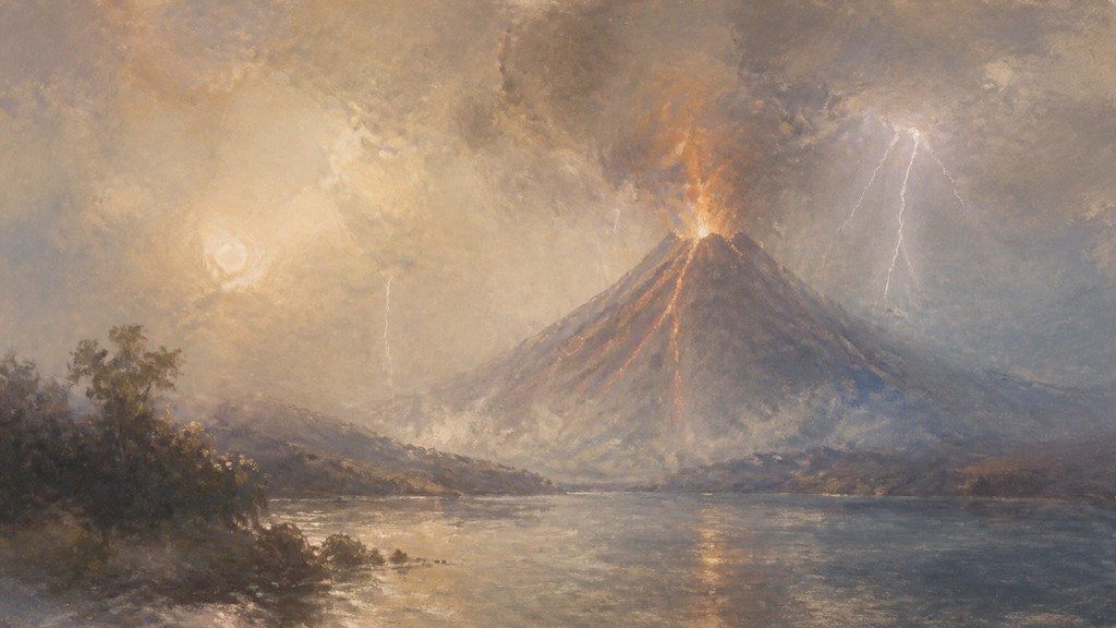 an erupting volcano with lightning strikes, dramatic wide composition, no text