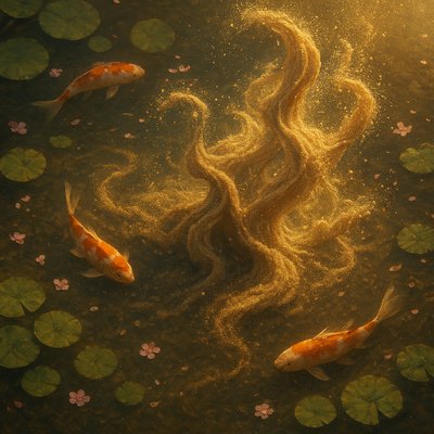 A koi pond seen from above, orange and white koi fish swimming among lily pads, clear water with subtle ripples, fallen cherry blossom petals floating on the surface, dappled sunlight