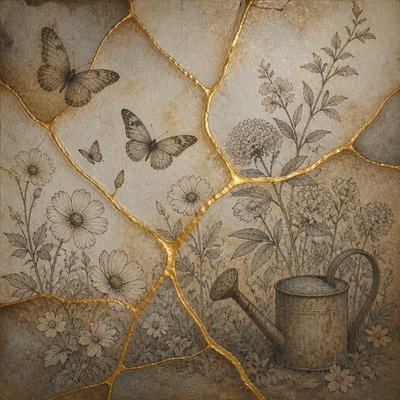 a garden scene with butterflies, flowers and a watering can, clean uncolored line art, no text