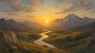 a vast valley with a river winding toward distant mountains at sunrise, no people, no text