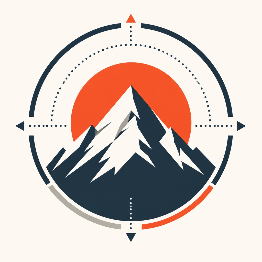 an emblem of a mountain peak inside a circle, simple bold shapes on a plain background, no text or lettering