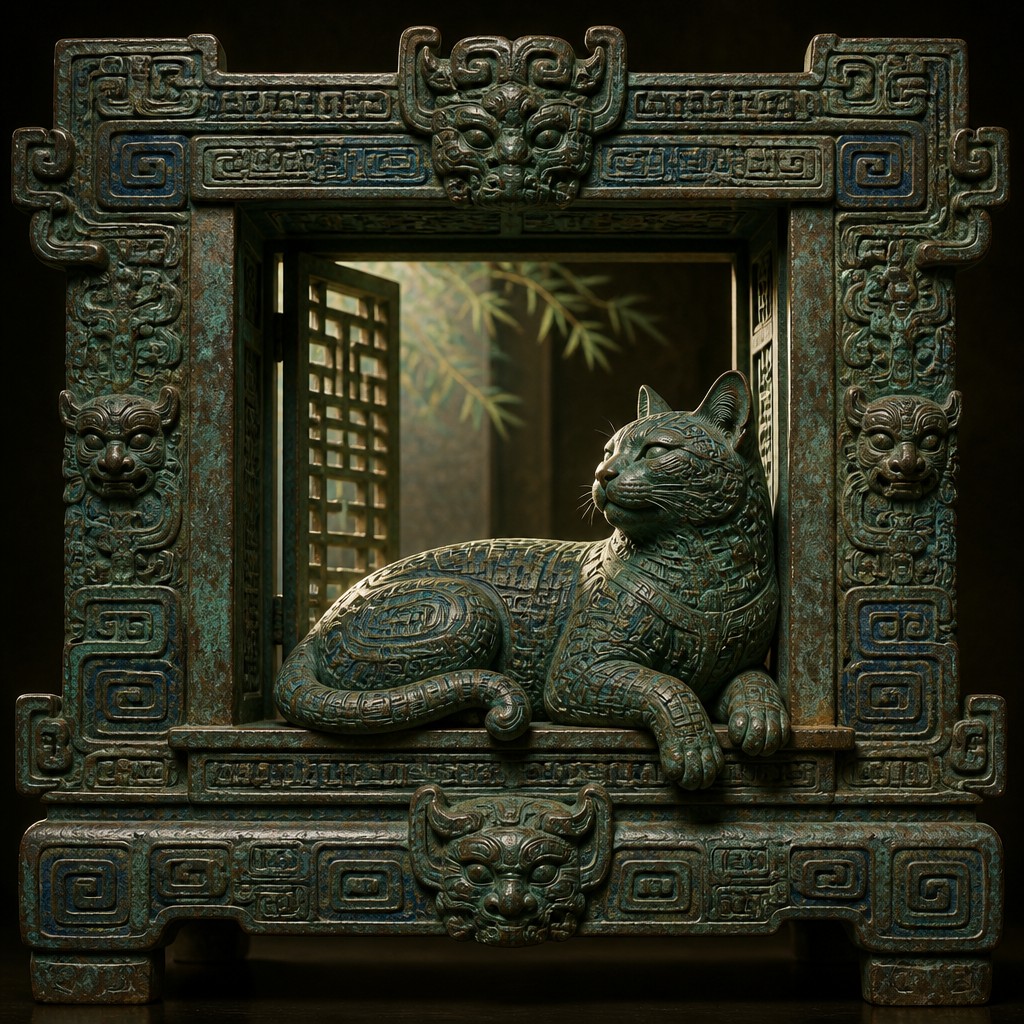 a cat lounging in a sunlit window — Ancient Chinese Bronze Art Style