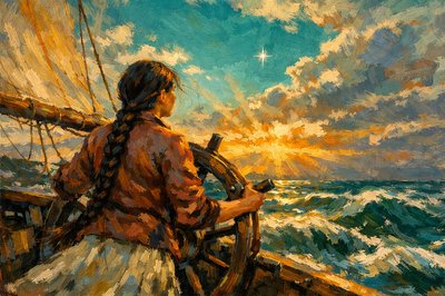 A woman with long braided hair down to the waist is holding the rudder of a keel boat right at the time between day and night. The morning star is in the sky which she is steering her ship to. 