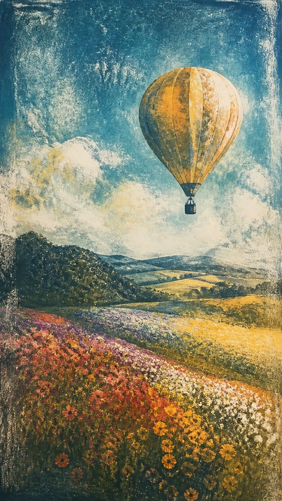 a hot air balloon drifting over rolling flower fields on a sunny day, cheerful, no text