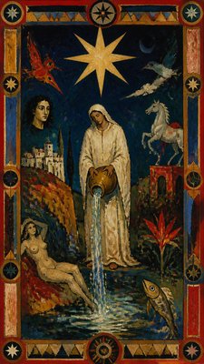 a robed figure pouring water beneath a large eight-pointed star in a night sky, symmetrical composition with an ornate decorative border, no text