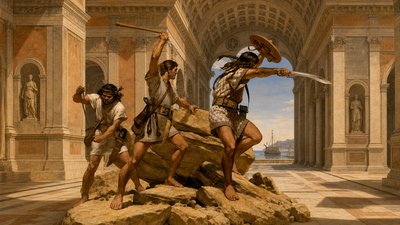 a painting of a group of people standing on a rock