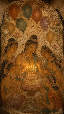 a birthday cake with lit candles surrounded by balloons and confetti, festive vertical composition, no text