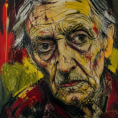 close-up portrait of an elderly person with expressive weathered features