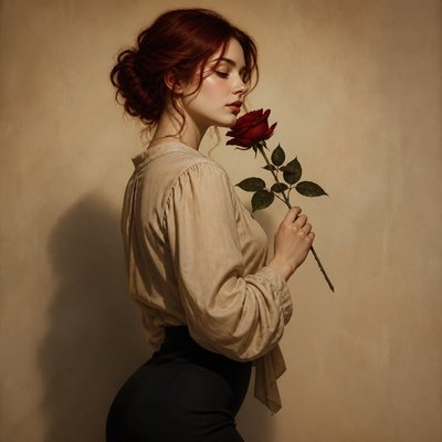  ,a beautiful pale skinned woman with dark red hair, she is wearing a beige blouse and black pants , she is holding a beautiful rose, side facing view, studio lighting with a pale beige background, minimalism, chiaroscuro lighting, 8k resolution, shadow depth, intricate details,, contrasting colors, muted colors 