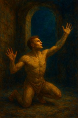 a painting of a man kneeling in a tunnel
