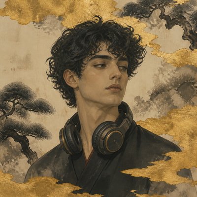 head-and-shoulders portrait of an original character: a young man with curly dark hair and headphones around his neck, plain backdrop, no text