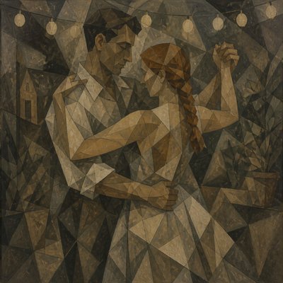 an original couple dancing under string lights in a garden at dusk: a man with short black hair in a linen shirt and a woman with braided red hair in a summer dress