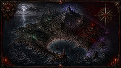a map of an island realm with mountains, forests, a sheltered bay, sea monsters in the water and a compass rose, no text labels