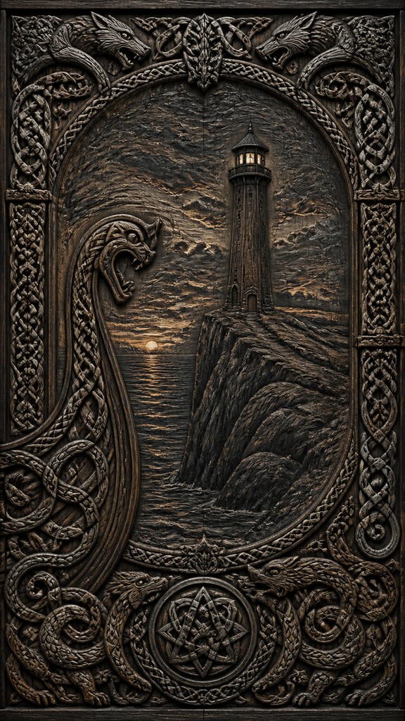 a lone lighthouse on a cliff at dusk under a dramatic sky, no text or lettering