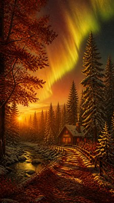 a snowy pine forest under the northern lights, no people