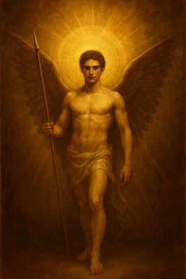 a painting of an angel holding a staff