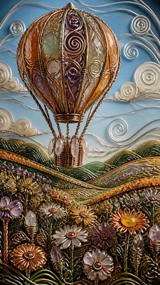 a hot air balloon drifting over rolling flower fields on a sunny day, cheerful, no text